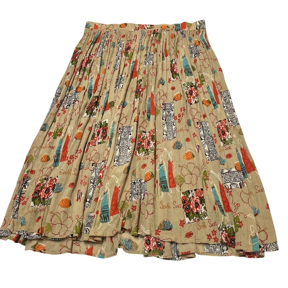 Womens Maxi Skirt Tan Gauzy Pleated South Sea Print Size 22W/24W Elastic Waist